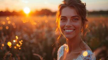 stralend bruid Holding sterretjes Aan een zonsondergang weide, vastleggen de essence van vreugde en viering foto