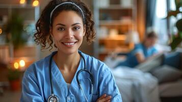 zelfverzekerd jong vrouw verpleegster in ziekenhuis, warm glimlachen gezondheidszorg professioneel in scrubs foto