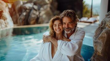 glimlachen volwassen paar genieten van een romantisch omhelzing door zwembad foto