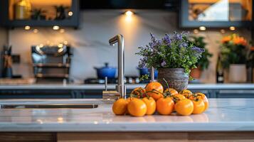 elegant modern keuken met vers tomaten en rustiek bloem pot Aan glanzend aanrecht foto