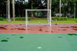 plassen van water Aan de zaalvoetbal veld- doel na regen. foto