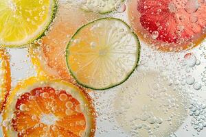 koolzuurhoudend drankje, munt bladeren en fruit plakjes van citroen, limoen en oranje drijvend in het. zomertijd achtergrond. foto