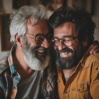 glimlachen hipster zoon knuffelen ouderen vader met baard. twee generaties van mannen genieten vergadering Aan vader dag. foto