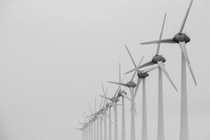 wind turbines in een rij Aan de kust in de de nevel en mist foto