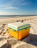 ijs doos, drinken koeler, portable koelkast Aan de strand, foto