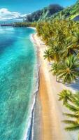 antenne visie van ongerept strand met kristal Doorzichtig water en weelderig palm bomen. tropisch strand, luxe reizen concept foto