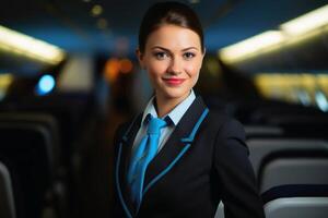 een vriendelijk stewardess Bij werk in een vlak. ai genererend foto