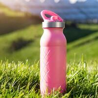 fles van sport drinken Aan gras, natuur achtergrond, Gezondheid leven concept foto
