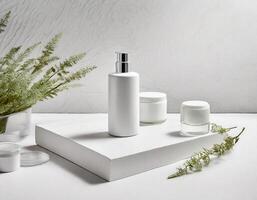 minimalistische ontwerp en overzichtelijk, geavanceerde samenstelling met bloemen Aan wit achtergrond, bespotten omhoog voor kunstmatig Product foto