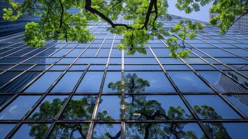 modern eco vriendelijk glas kantoor gebouw met bomen in stedelijk duurzame groen milieu foto