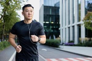 jong Aziatisch mannetje atleet loopt in de stad Aan de straat in koptelefoon, luistert naar muziek, rust. foto