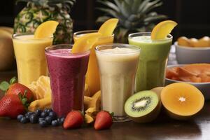 een samenstelling van vers biologisch fruit smoothies symboliseert Gezondheid natuurlijk ingrediënten en ontgiften foto