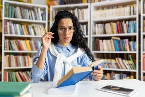 een echt, middelbare leeftijd vrouw bibliothecaris met bril voorzichtig onderzoekt een boek terwijl organiserende de bibliotheek planken, omringd door een uitgebreid verzameling van boeken. foto