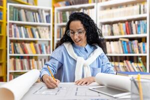 gefocust vrouw architect herzien blauwdrukken Bij een bibliotheek tafel, met een positief uitdrukking en boeken in de achtergrond. foto