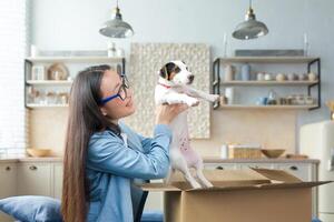 een niet verwacht geschenk. gelukkig en versteld staan jong Aziatisch vrouw ontvangen een geschenk pakket van een klein hond. hij is zittend Aan de sofa Bij huis, gelukkig nemen het uit van een reusachtig karton doos. foto