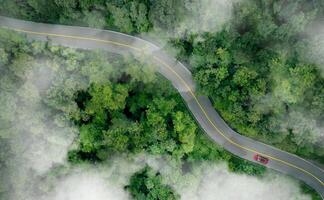 antenne top visie van een rood auto het rijden Aan snelweg weg in groen Woud. duurzame vervoer. elektrisch voertuig het rijden Aan asfalt weg door weelderig groen Woud. nul emissie auto. groen mobiliteit. foto