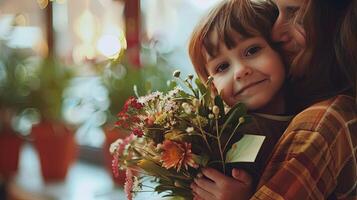 hartverwarmend moeder dag tafereel kind presenteert kaart en bloemen naar moeder. foto
