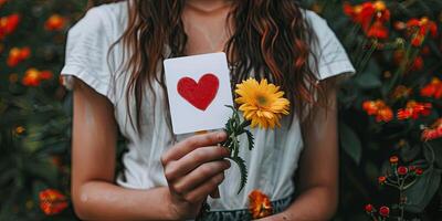 vrouw met bloemen en rood hart kaart in hand. liefde en romance thema. foto