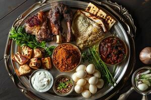 ingewikkeld detail van de voortreffelijk pesach seder bord onthulling symboliek foto