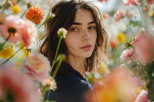 portret van een jong vrouw met bruin haar- opvallend een elegant houding vervelend een donker blauw duidelijk overhemd in tuin foto