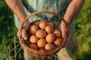 dichtbij omhoog van een boer draag- eieren in een mand foto