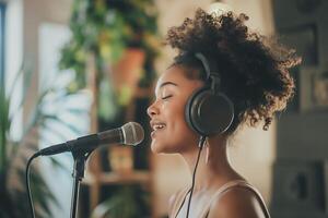 jong vrouw vervelend hoofdtelefoons is gezien opname een lied in een studio foto