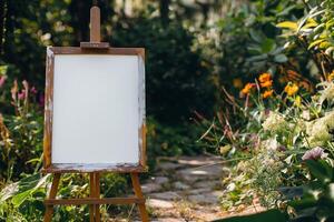 blanco rustiek houten ezel Holding een canvas in een pad tuin foto