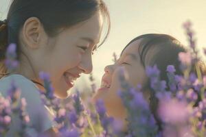 Aziatisch vrouw en haar kind glimlach Bij elk andere met zuiver vreugde in de lavendel bloem veld- foto