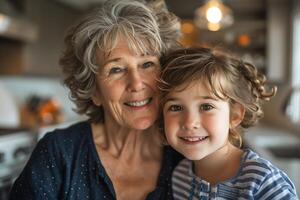 portret van een grootmoeder en haar kleinkind glimlachen zacht Bij elk andere tegen de backdrop van een keuken foto