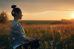 jong vrouw in sportkleding is mediteren in lotus positie in een veld- achtergrond Bij zonsondergang foto