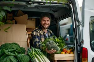 een lokaal boer is leveren divers types van vers biologisch produceren gebruik makend van een levering busje foto