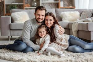 jong familie met dochter houding kom tot rust Aan verdieping in leven kamer foto