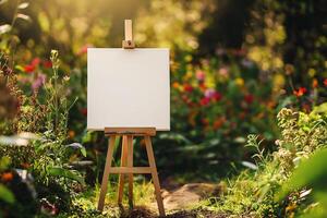 blanco rustiek houten ezel Holding een canvas in een pad tuin foto