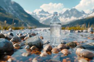 fles van mineraal water staat rechtop Aan meerdere klein rotsen geplaatst in een rustig stroom met majestueus berg achtergrond foto