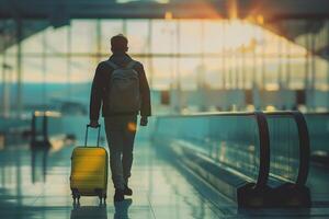 terug visie van een Mens wandelen met een geel koffer in een modern luchthaven foto