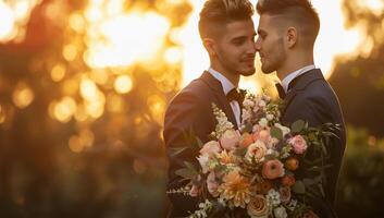 fotografie van twee knap jong mannen in smoking en boog binden, Holding bruiloft boeket Bij zonsondergang, homo paar foto