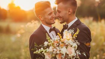fotografie van twee knap jong mannen in smoking en boog binden, Holding bruiloft boeket Bij zonsondergang, homo paar foto