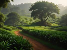 ochtend- landschap met thee plantage. Indië thee weide foto