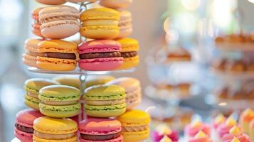 een prachtig bewerkte macaron toren presentatie van een rangschikking van levendig kleuren en smaken Leuk vinden framboos gezouten karamel en pistache foto