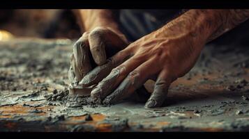 een detailopname schot van een mans hand- vakkundig drukken klei in een beeldhouwwerk dat symboliseert zijn reis naar zelfacceptatie en kwetsbaarheid foto