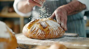 een detailopname van een bakker sprenkeling een scheutje van zee zout op een vers gebakken brood toevoegen de laatste tintje naar haar gouden korst foto