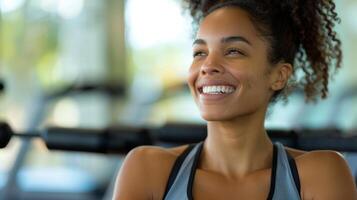 een vrouw glimlachen net zo ze ontvangt een op een instructie van een persoonlijk trainer gedurende een winkel pilates klasse foto