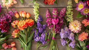 een kleurrijk palet van levendig tulpen zacht seringen en stoutmoedig dahlia's gelegd uit Aan een werkbank het verstrekken van eindeloos opties voor creëren uniek en opvallende regelingen foto