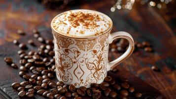 een mok met delicaat patronen Aan het gevulde met schuimig cappuccino en omringd door geteerd koffie bonen foto