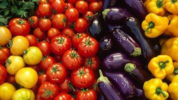 een kleurrijk rangschikking van paprika's aubergines en tomaten Aan Scherm foto