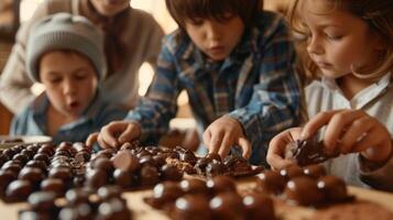 een familie verzamelt in de omgeving van een tafel elk lid nemen bochten bemonstering een stuk van chocola en sharing hun gedachten Aan de uniek smaken foto