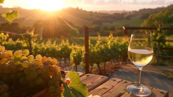 de zon instelling over- rollend heuvels gedekt in weelderig wijngaarden een sereen backdrop voor een glas van wijnoogst wijn Aan een patio met uitzicht de landschap foto