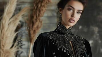 een chique jumpsuit in luxueus fluweel versierd met kralen en juwelen details en een uitspraak halsband fit voor een modern koningin maken een Koninklijk Aankondiging foto