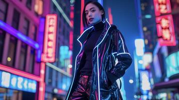 een futuristische nemen Aan de klassiek loopgraaf jas met een reflecterende materiaal en neon leidingen. gekoppeld met een zwart coltrui en vinyl broek deze kijken schreeuwt cyberpunk terwijl stand-in foto