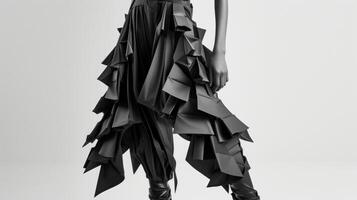 een strak monochromatisch kleding met een 3d gedrukt gestructureerd top en broek met stoutmoedig overdreven Kenmerken en scherp lijnen foto